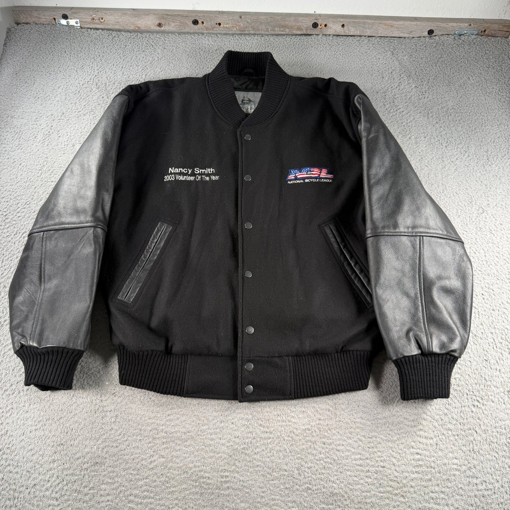 Burks Bay Varsity Jacket Men Large Black Wool Leather Riding Long Sleeve